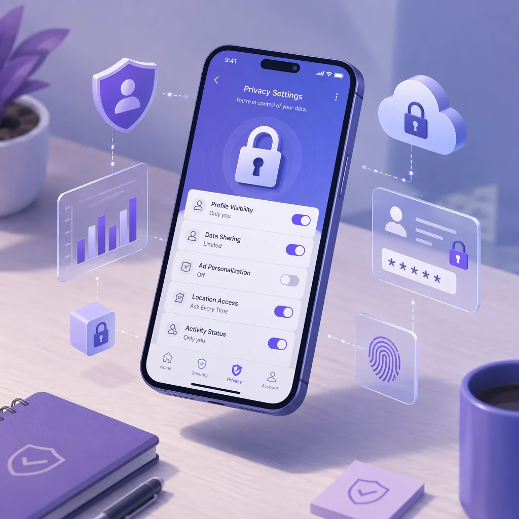 Isometric illustration of a smartphone with privacy settings interface and a lock icon, representing digital safety in dating