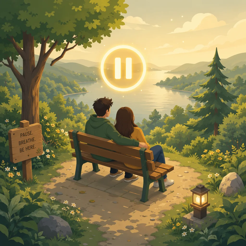 Isometric illustration of a couple sitting together with a pause button symbol above them, representing the importance of taking breaks