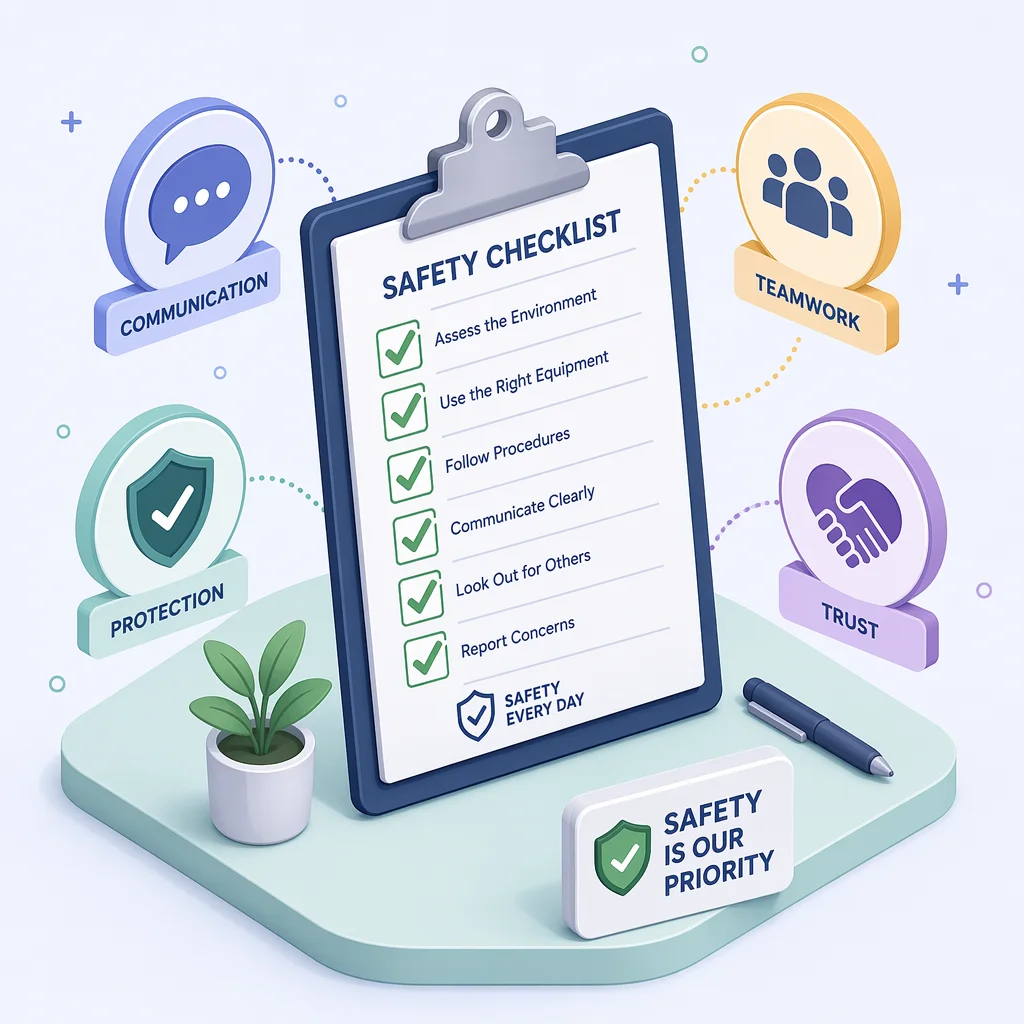 Isometric illustration of a safety checklist on a clipboard with checkmarks, surrounded by symbols of communication and protection
