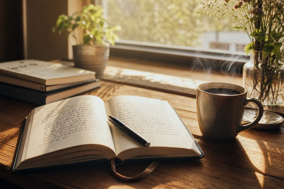 Lifestyle photograph of an open notebook next to a cup of coffee, with soft morning light, representing intentional planning before acting on fantasies
