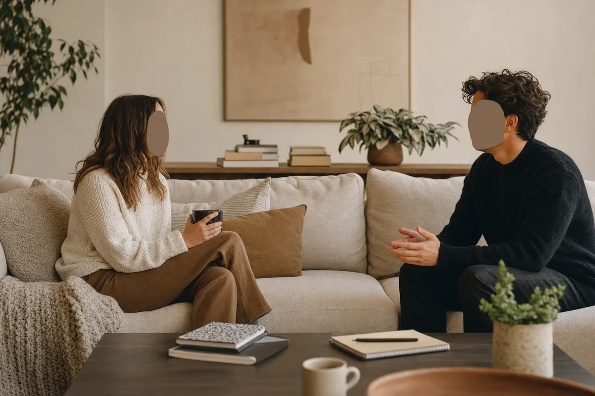 Lifestyle photograph of two people sitting on opposite ends of a couch, facing each other, engaged in a calm conversation with notebooks nearby