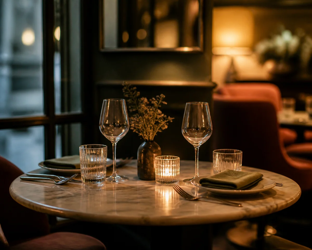 Lifestyle photo of a small table set for two with candles and a notebook, warm ambient lighting suggesting intimacy and preparation