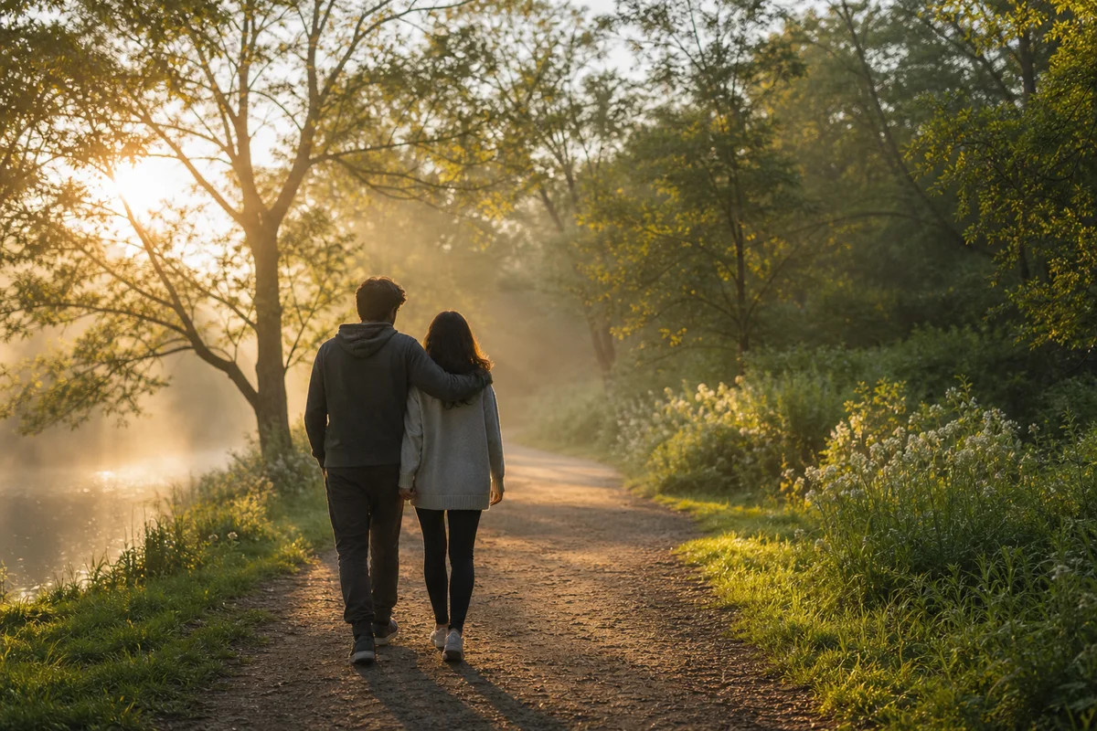 Lifestyle photo of a couple walking together on a quiet path, early morning light, suggesting reconnection and emotional processing