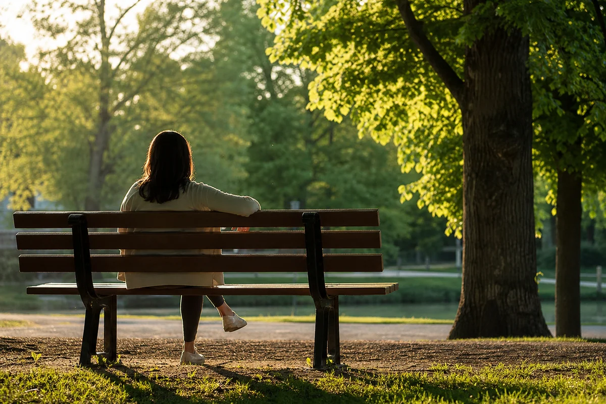 Lifestyle photograph of a person sitting alone on a park bench in soft afternoon light, looking thoughtful but calm