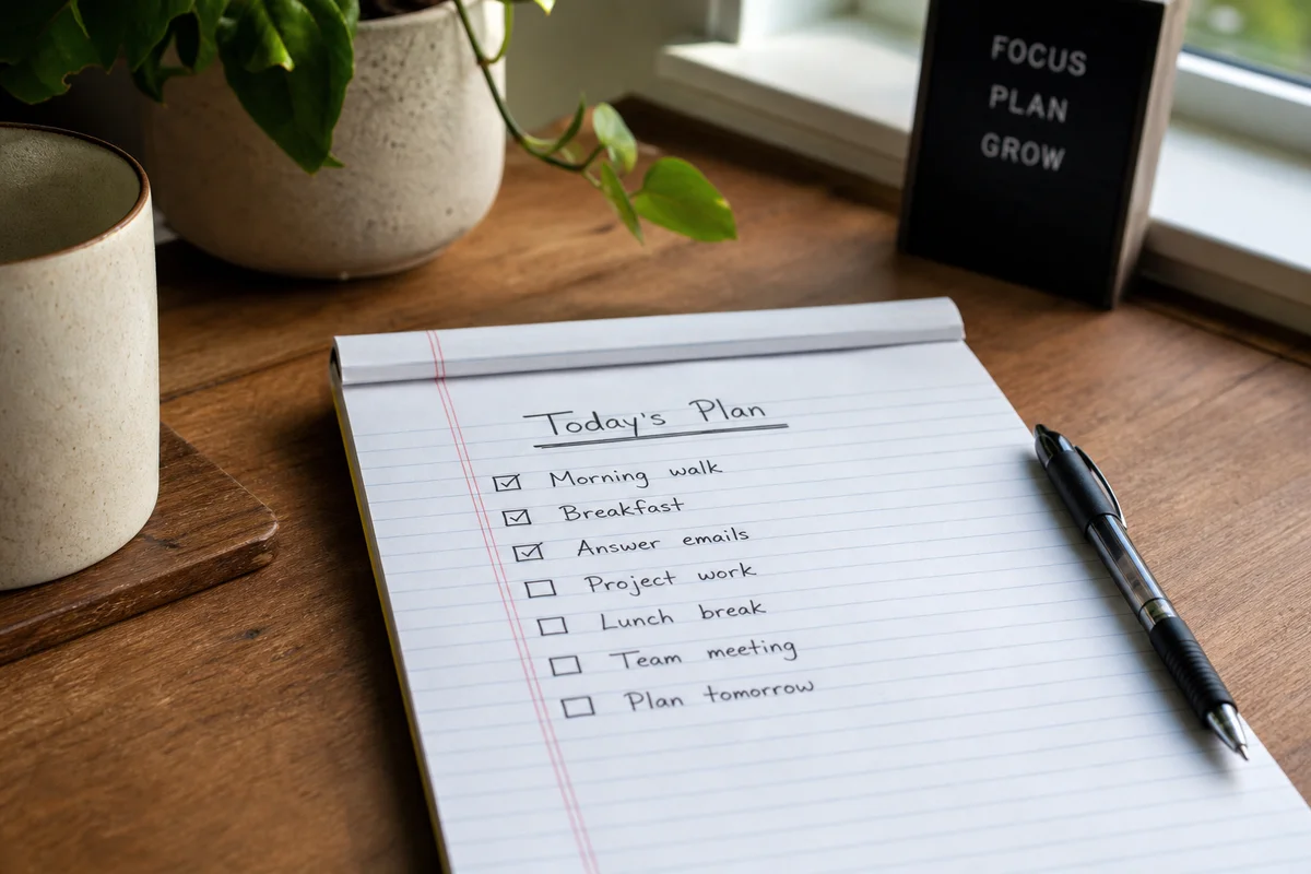 Lifestyle photograph of a handwritten checklist with a pen resting beside it on a wooden table, natural lighting