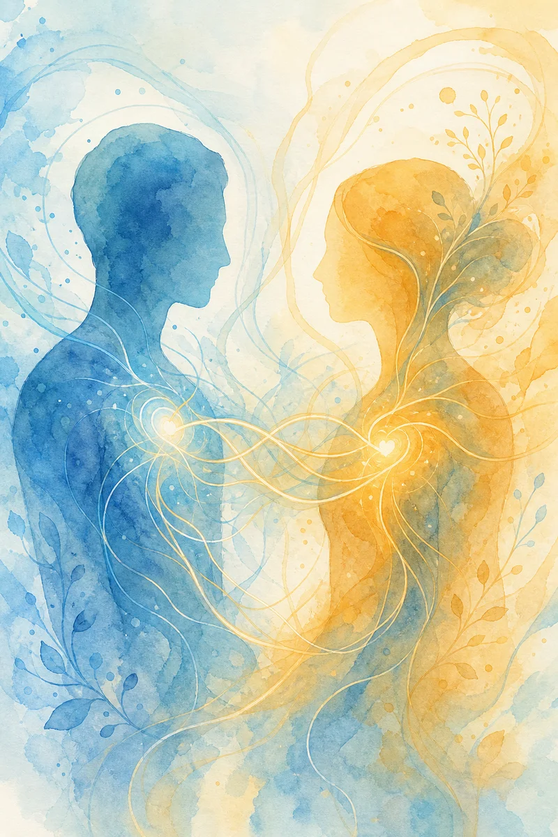 Abstract watercolor illustration of two figures connected by flowing energy lines, representing negotiated power dynamics