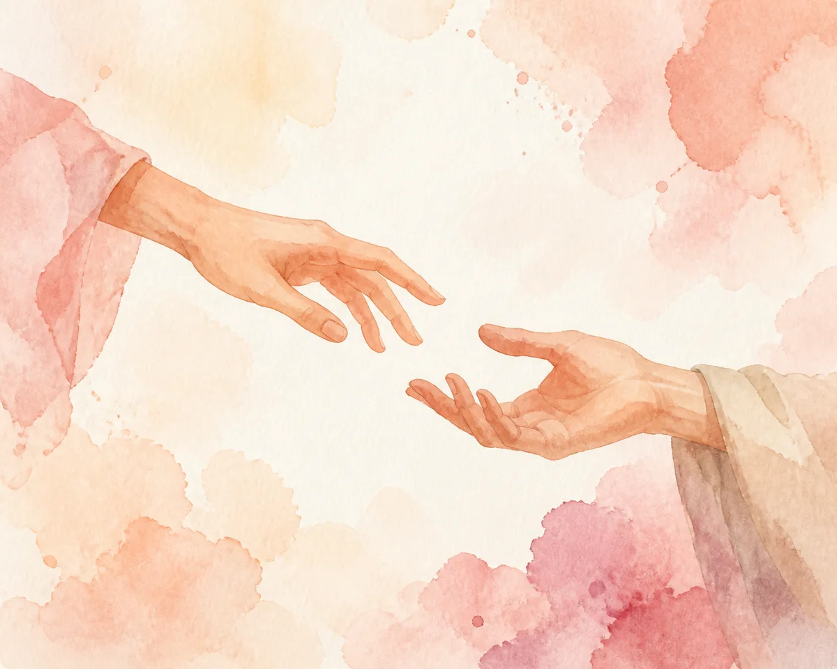Watercolor painting of two hands reaching toward each other across a softly colored page, symbolizing consent and negotiation