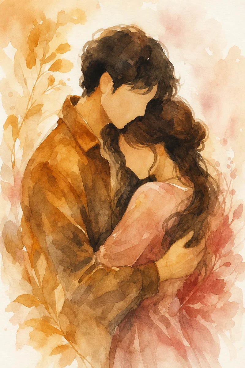 Watercolor scene of two figures in close embrace with warm, gentle tones, representing aftercare and emotional reconnection