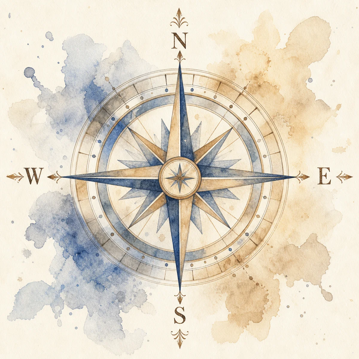Watercolor illustration of a compass-like circle with four directional markers, representing the power dynamic types framework