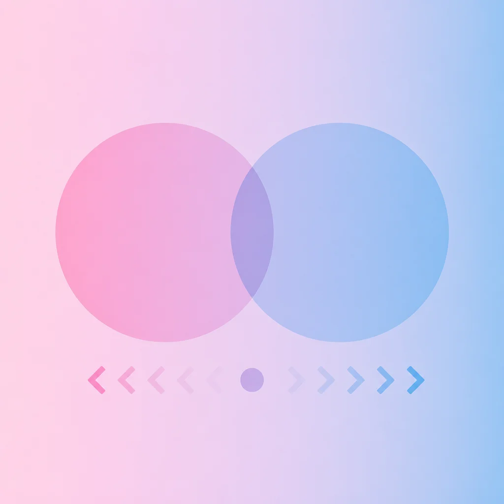 Abstract geometric composition of two translucent circles overlapping and shifting apart, soft pink and lavender tones