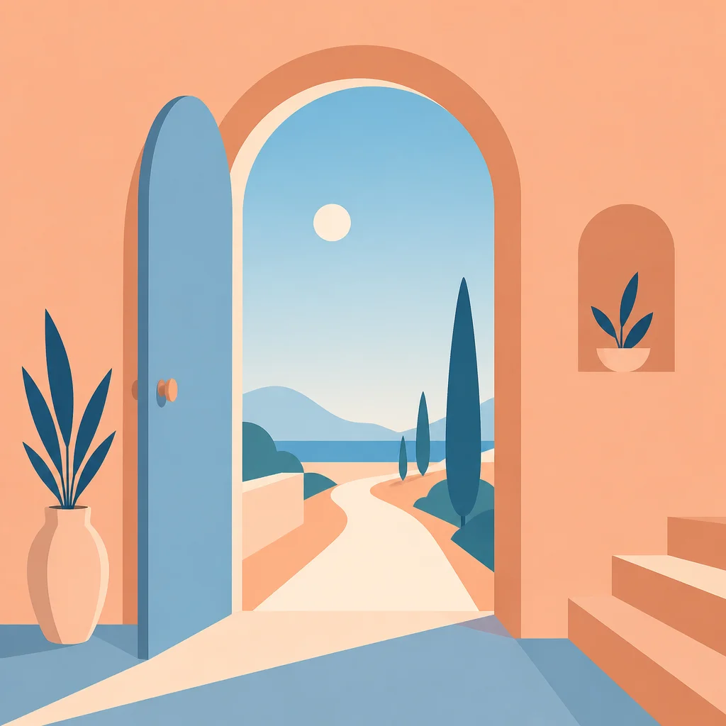 Abstract geometric illustration of an open door frame leading to a garden path, warm morning light, peach and sky blue tones