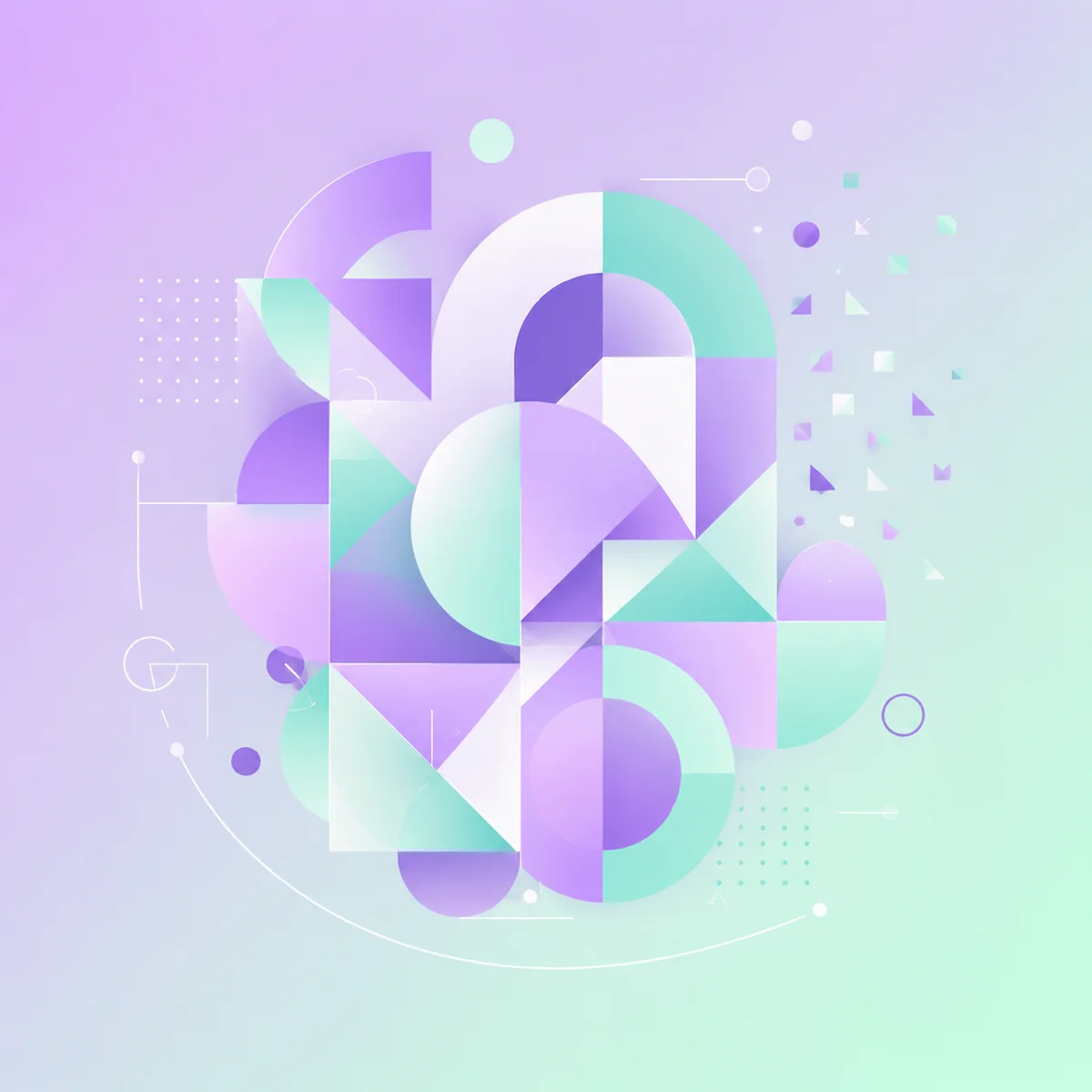 Abstract geometric composition of interlocking geometric shapes dissolving and reforming, soft lilac and mint green tones
