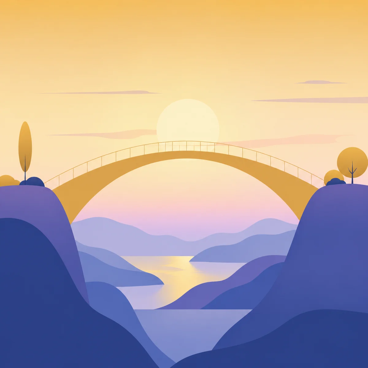 Abstract geometric illustration of a bridge spanning between two hilltops at dawn, warm gold and periwinkle tones