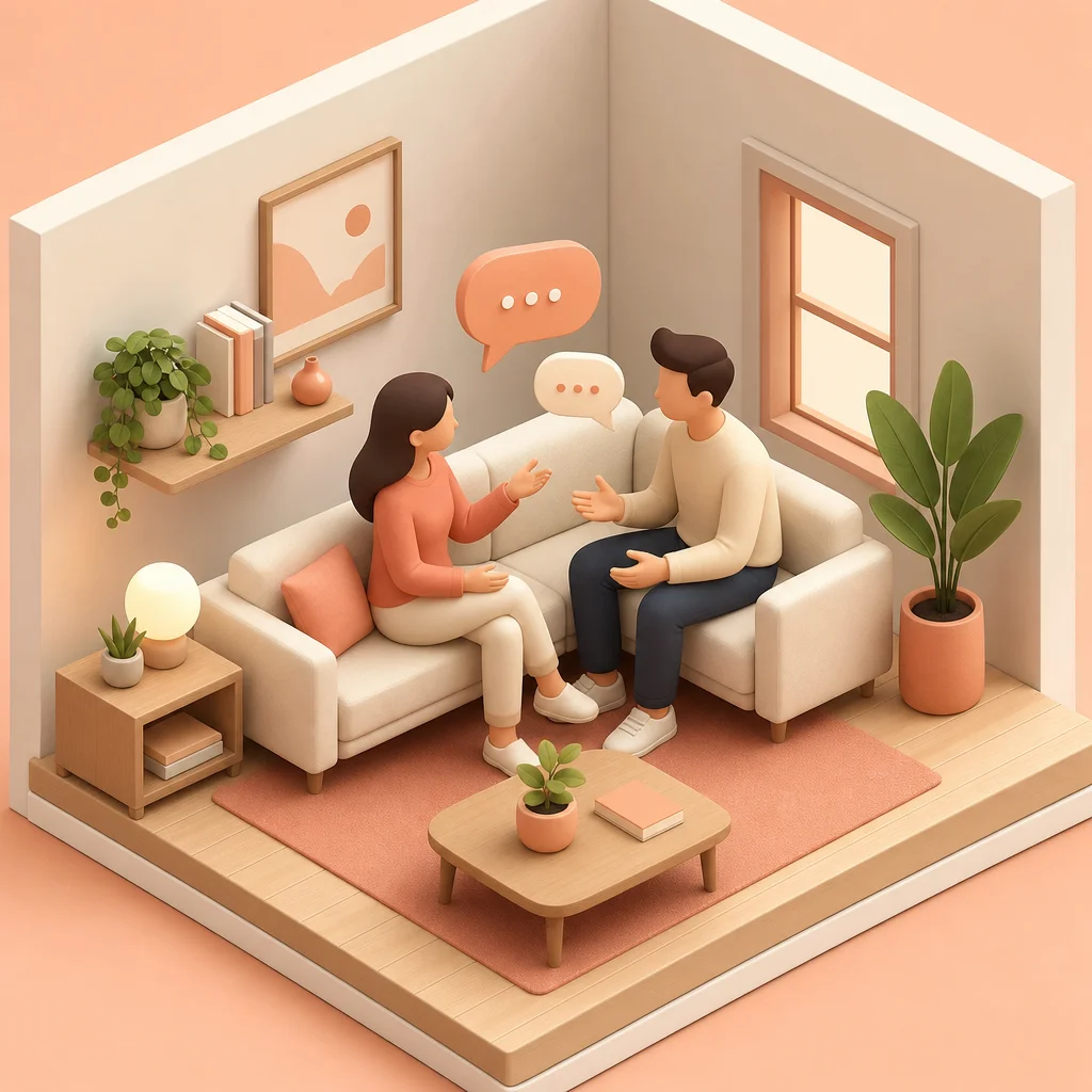 Isometric illustration of a couple debriefing on a sofa with conversation bubbles
