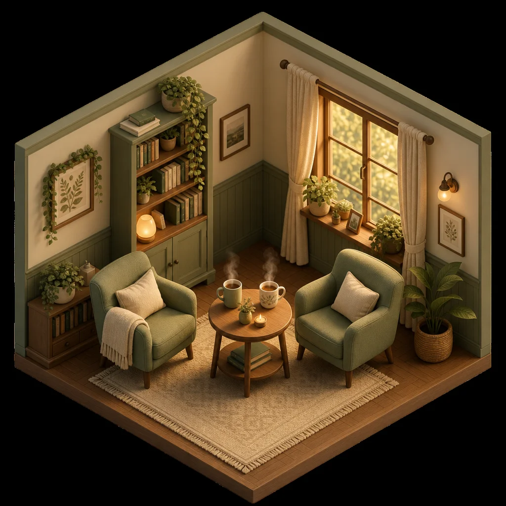Cozy room with armchairs and tea for a threesome debrief conversation