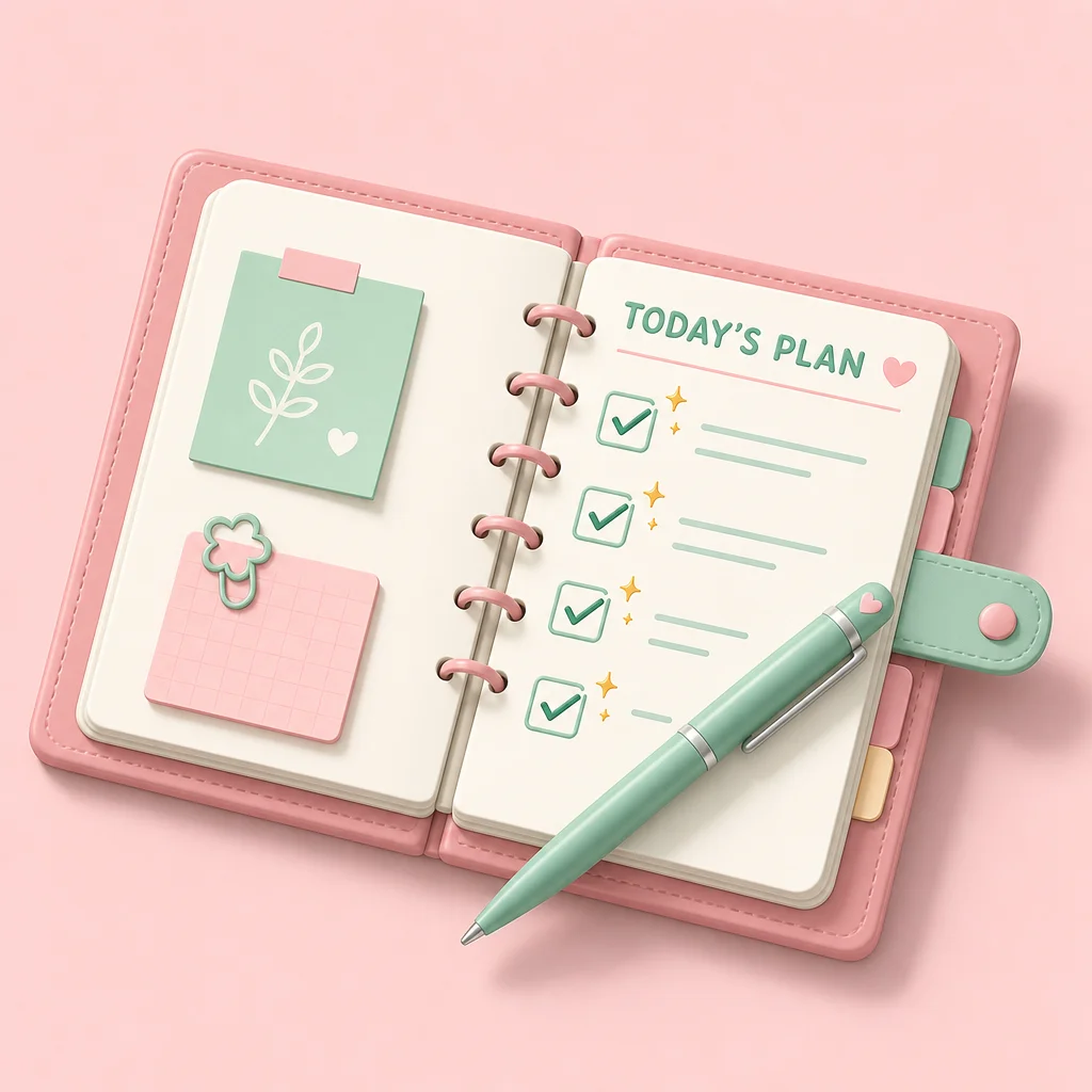 Notebook with debrief checklist items and pen in isometric 3D style