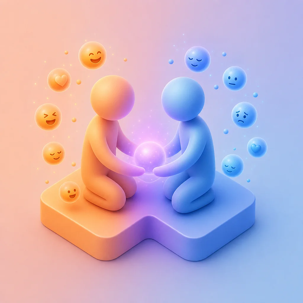 Abstract figures with emotion orbs representing threesome debrief processing