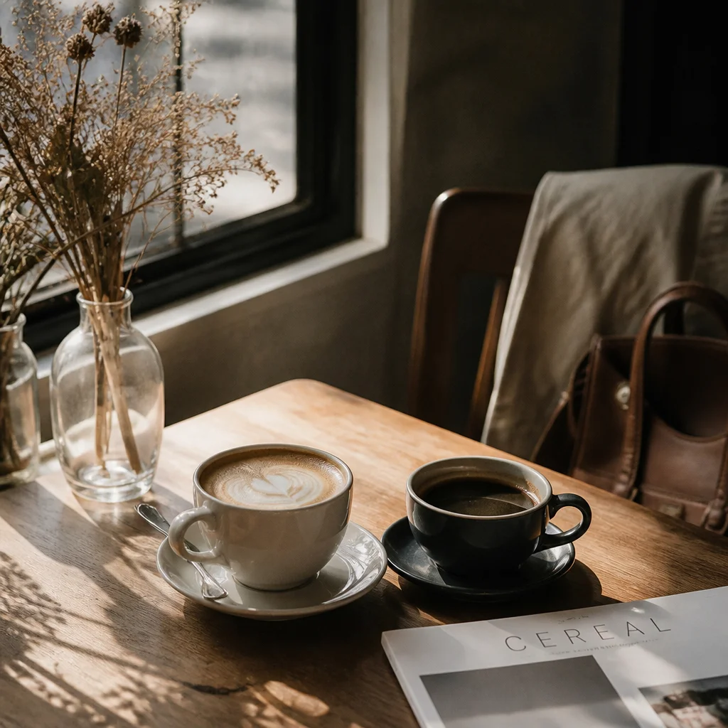 Editorial photography of two coffee cups on a wooden table with warm afternoon sunlight, conveying intimate friendship