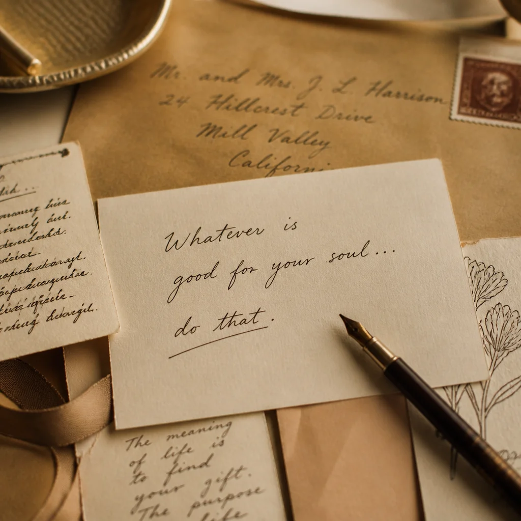 Editorial still life of handwritten note cards and vintage pen on textured paper, warm sepia tones