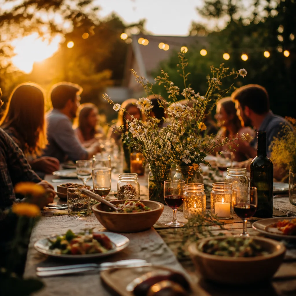 Editorial photography of outdoor dinner table at golden hour with wildflowers and string lights, conveying community gathering