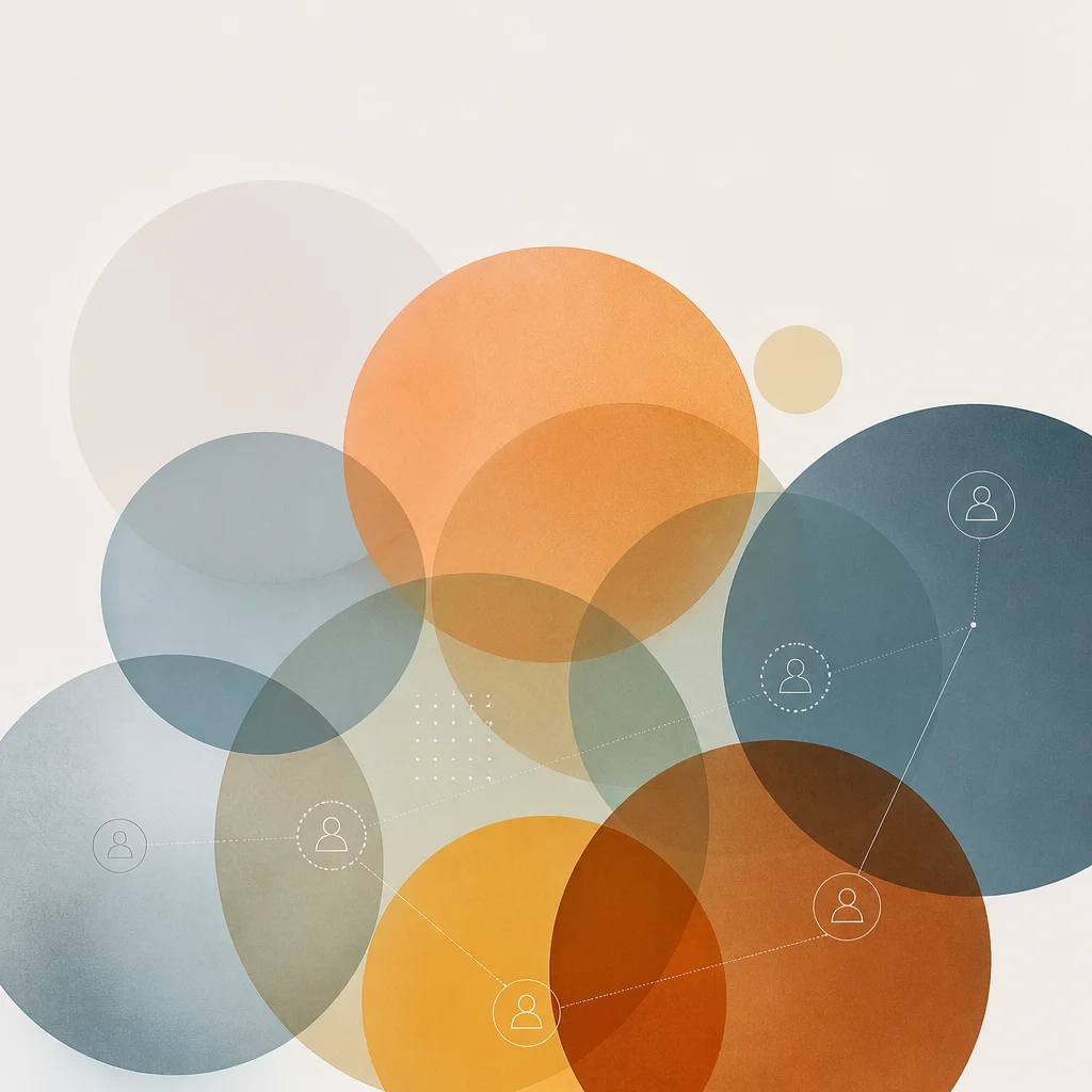 Editorial abstract composition of overlapping translucent circles in warm and cool tones, representing intersecting social connections