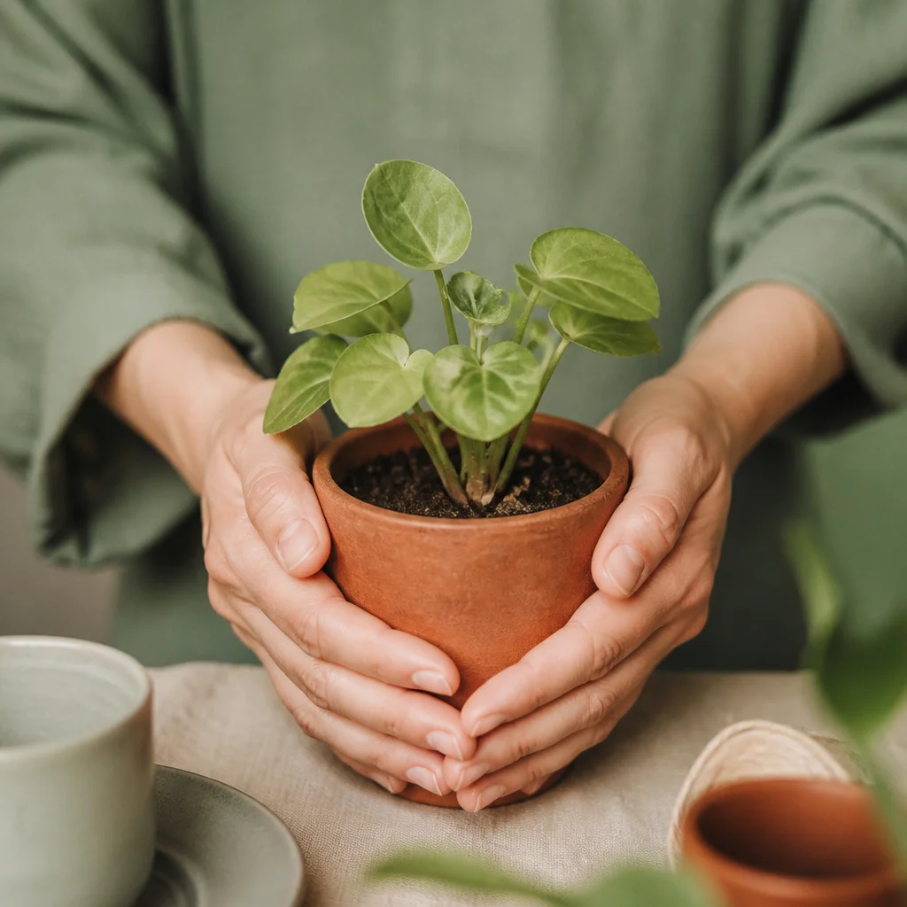 Editorial close-up of hands holding a small potted plant in fresh soil, soft natural light, conveying growth and nurturing