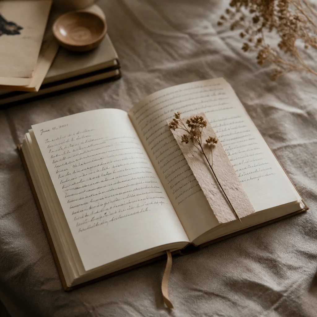 Editorial still life of open journal with handwritten notes and dried flower on textured linen, diffused soft light