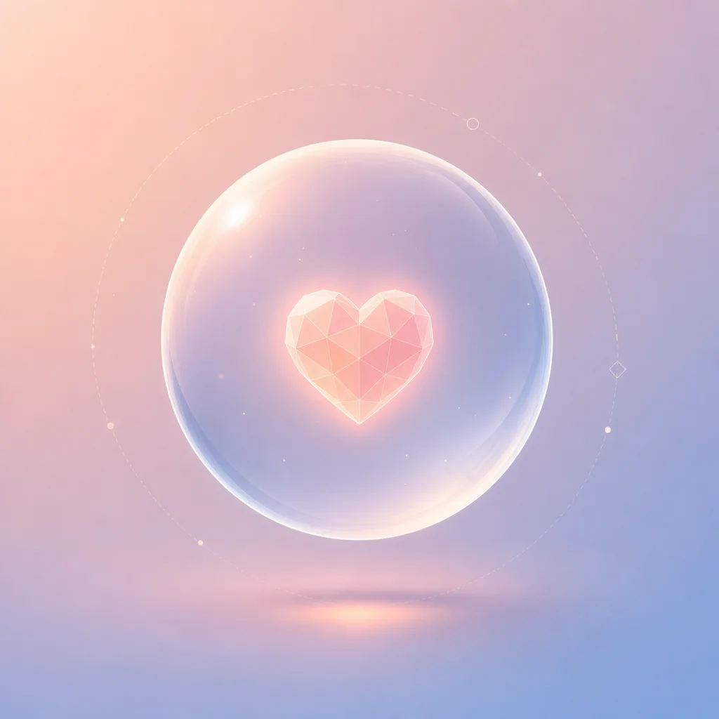 A protective translucent sphere surrounding a glowing geometric heart representing emotional safety in unicorn dynamics