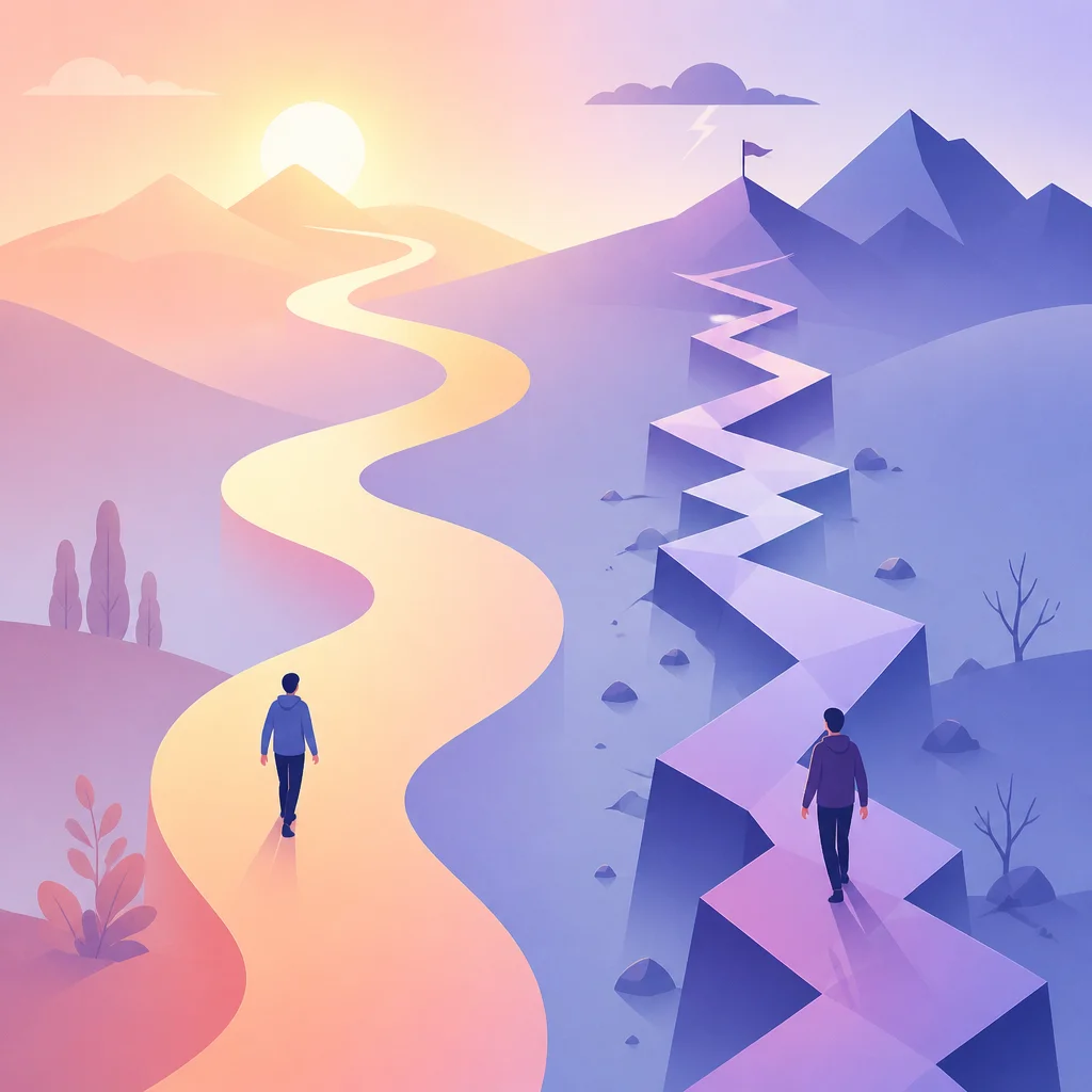 Two parallel flowing gradient ribbons, one smooth and one jagged, illustrating different emotional journeys in multi-partner dynamics