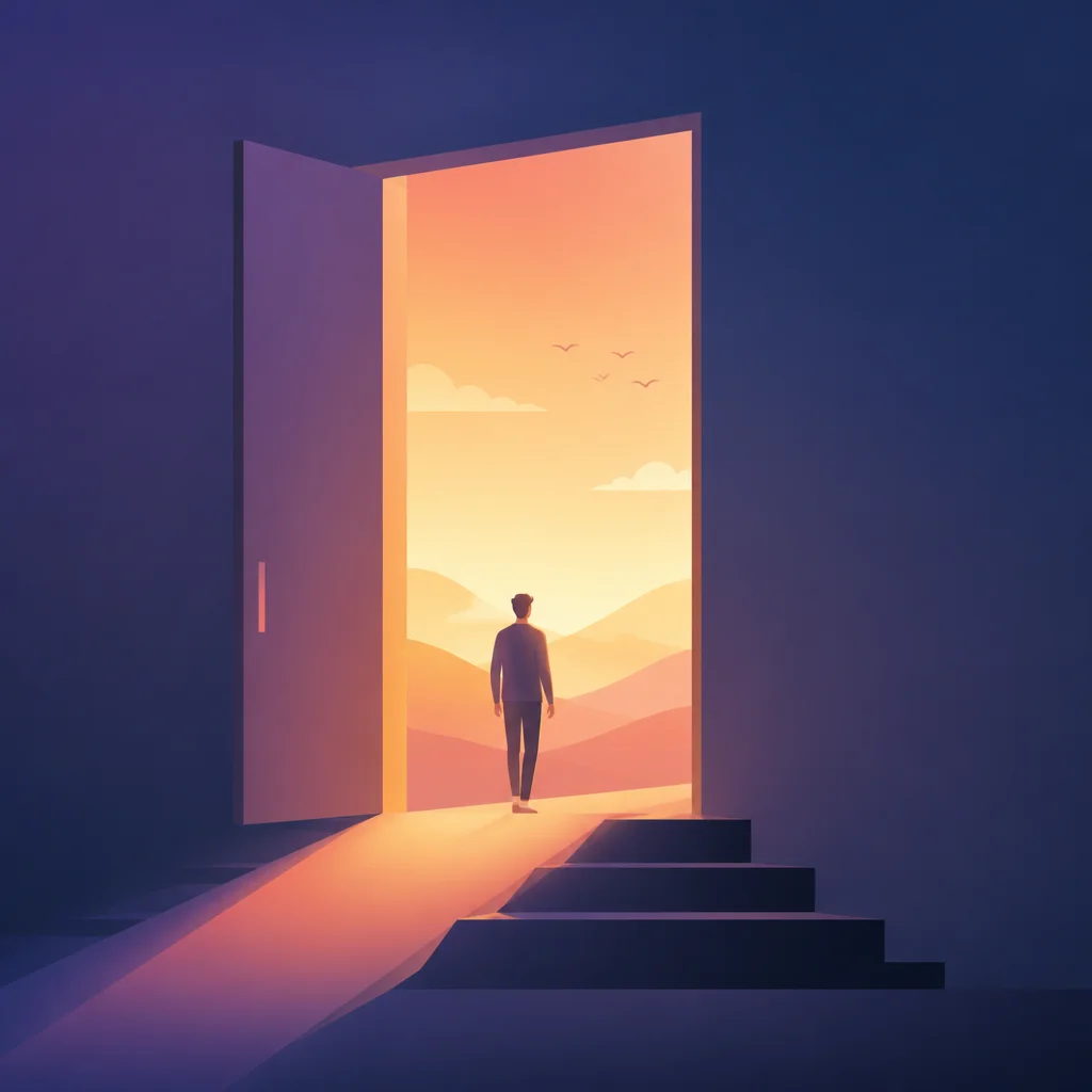 An open doorframe with warm light gradient spilling through representing the importance of having an exit strategy and emotional freedom