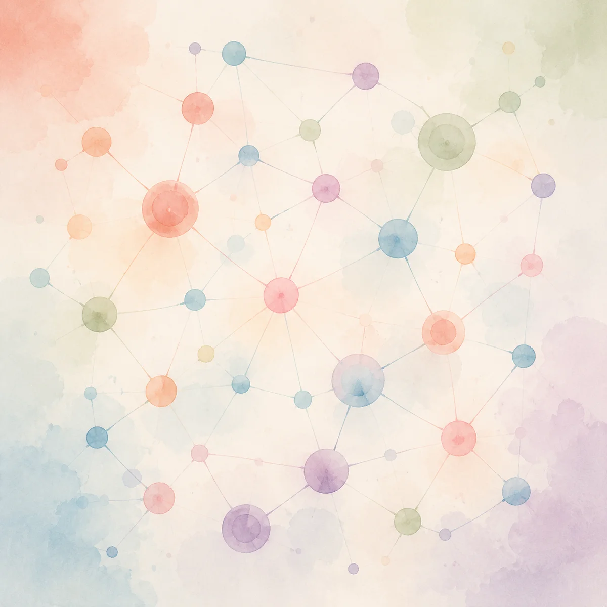 Abstract constellation of pastel circles connected by thin lines, representing community and belonging