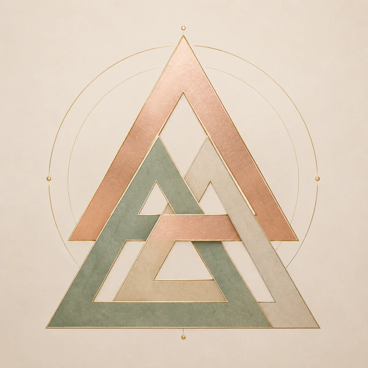 Three interlocking triangles rose gold sage beige connected by golden lines abstract composition