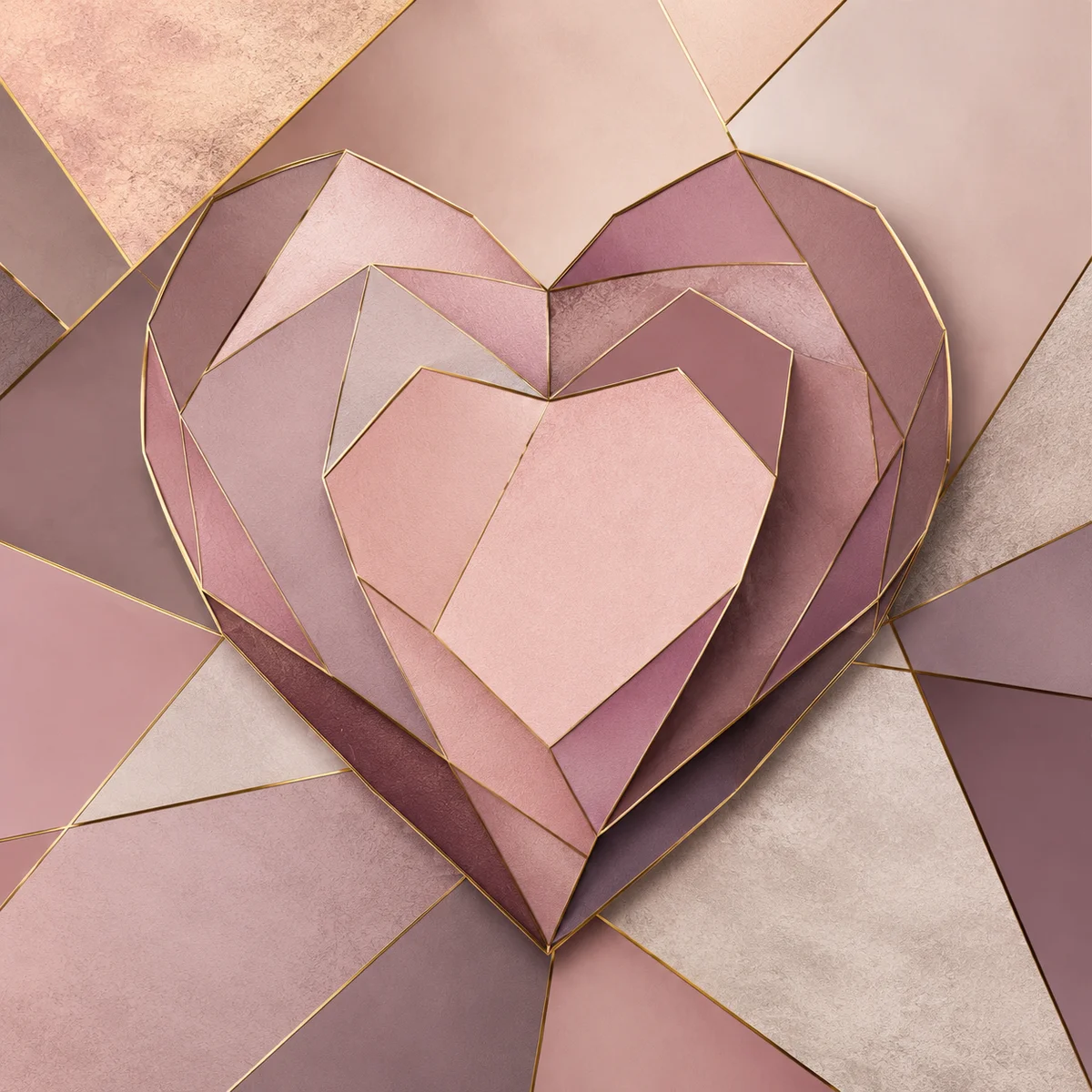Abstract geometric heart layered polygons pink mauve with golden edges contemporary art
