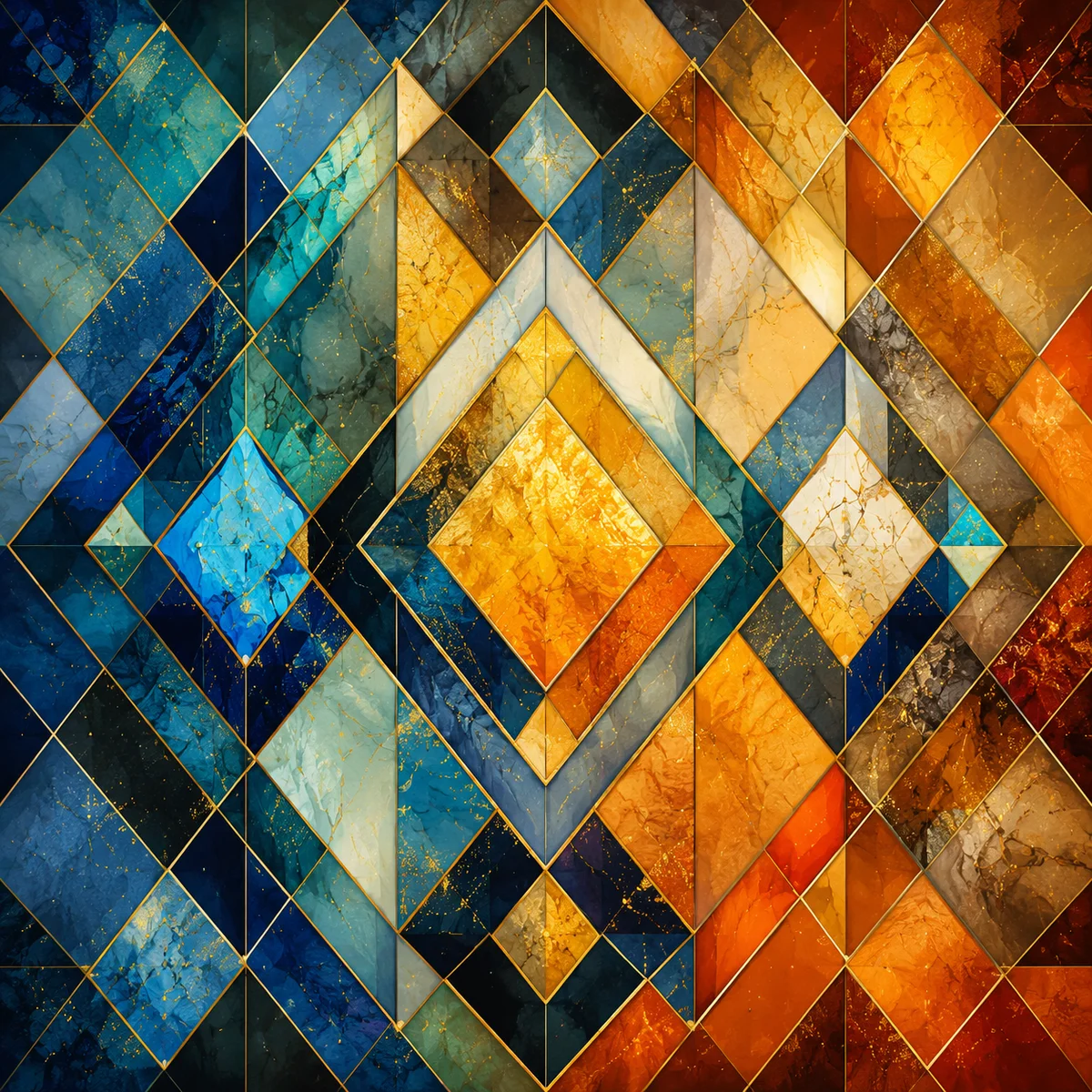 Geometric mosaic diamond shapes transitioning blue to amber with golden highlights abstract pattern