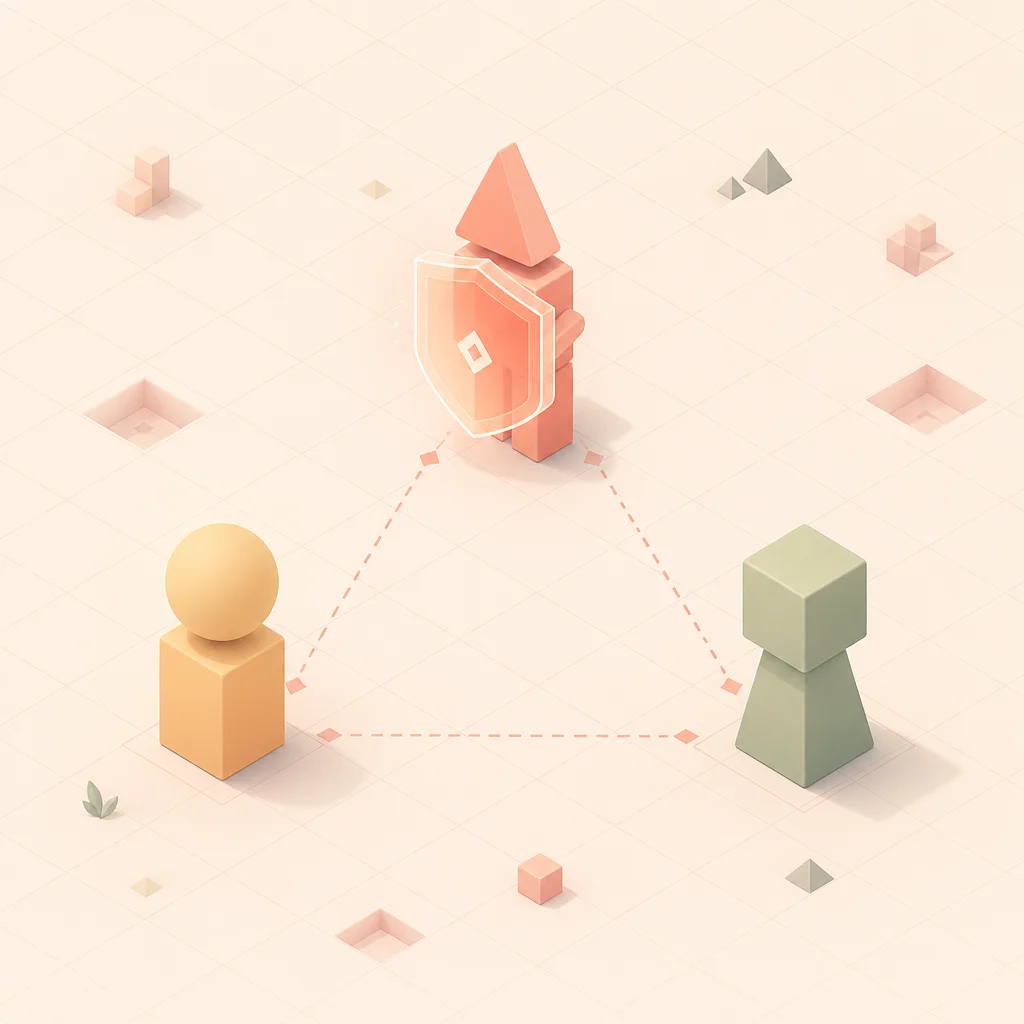 Isometric illustration of three geometric figures in a balanced triangle with one holding a boundary shield