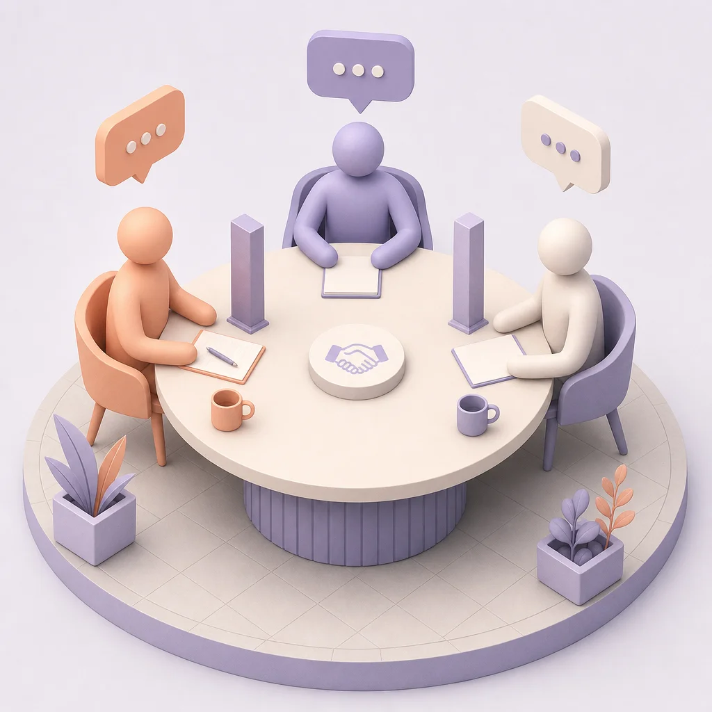 Isometric illustration of a negotiation table with three figures and boundary markers as geometric pillars