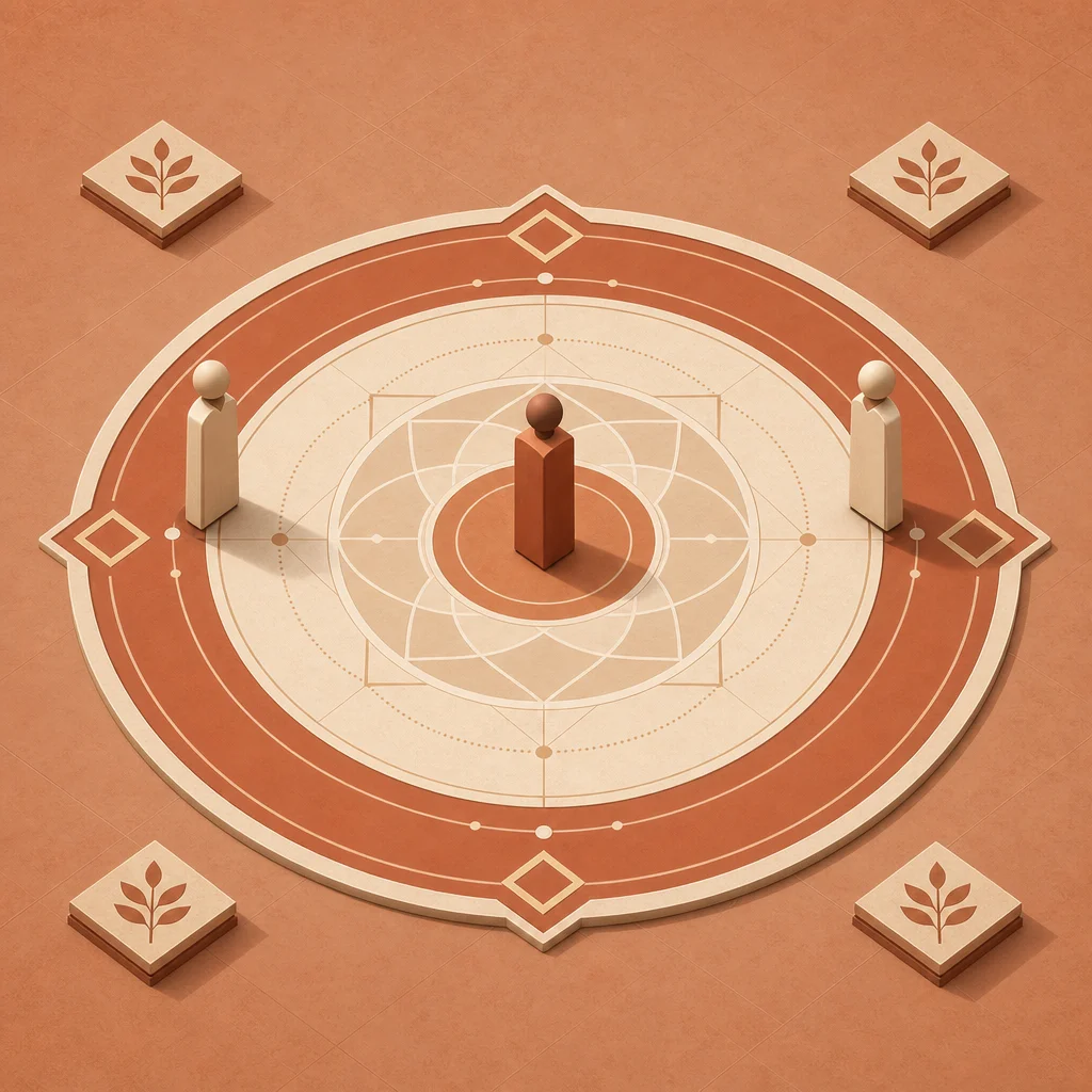 Isometric illustration of a single figure within concentric protective circles, two figures outside