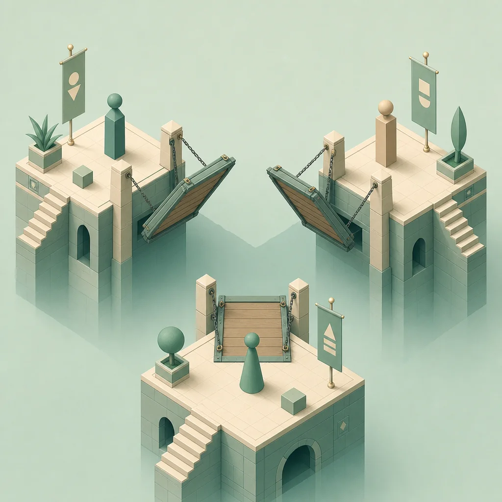 Isometric illustration of three platforms connected by drawbridges that can be raised