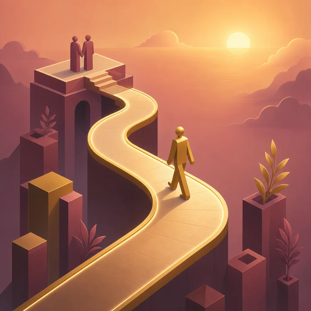 Isometric illustration of a single figure walking confidently away toward a bright illuminated path