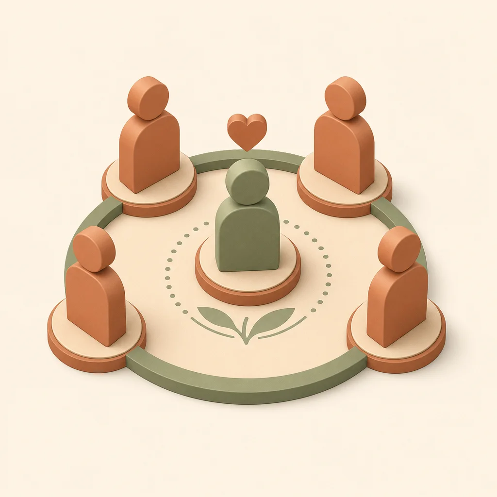 Isometric illustration of abstract figures in a circular support network arrangement