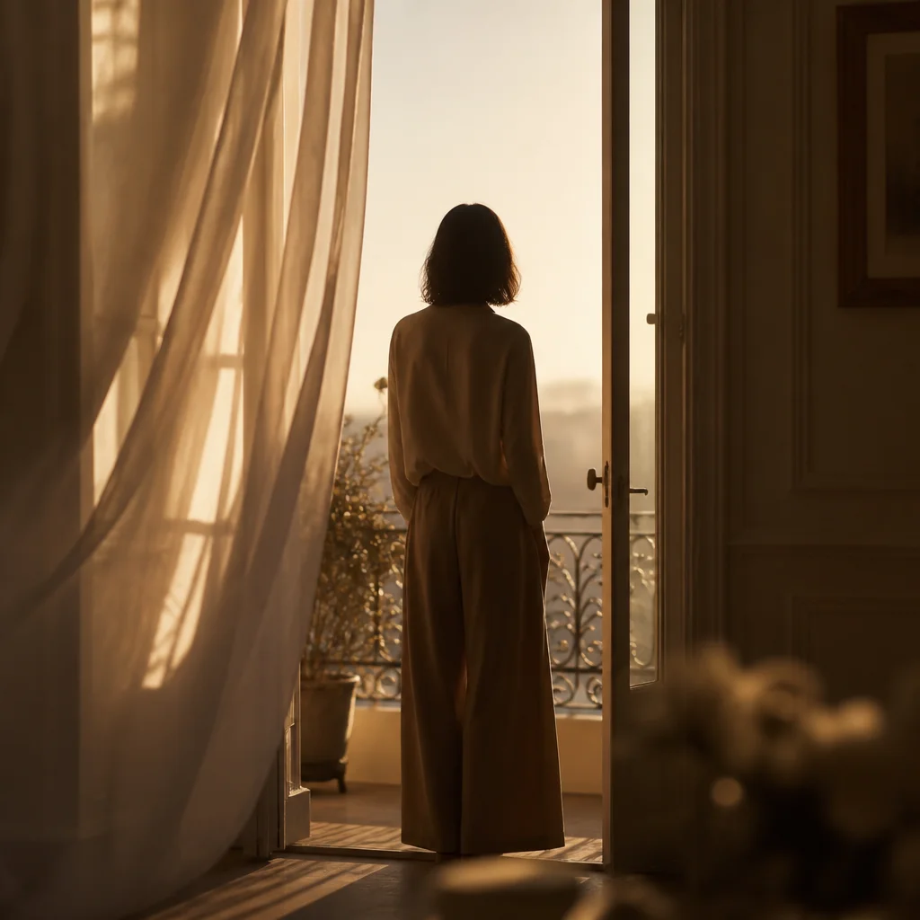 Editorial photography of abstract figure silhouette at doorway looking toward warm light