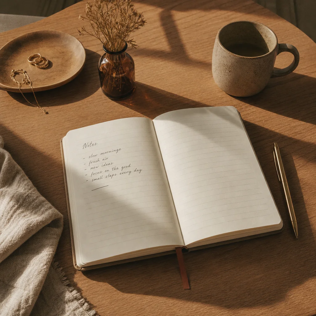 Editorial still life of open journal notebook on wooden surface with soft window light