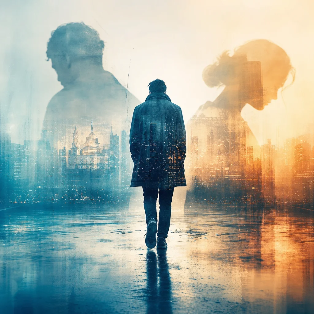 Editorial double-exposure of single figure walking forward while two figures fade into background