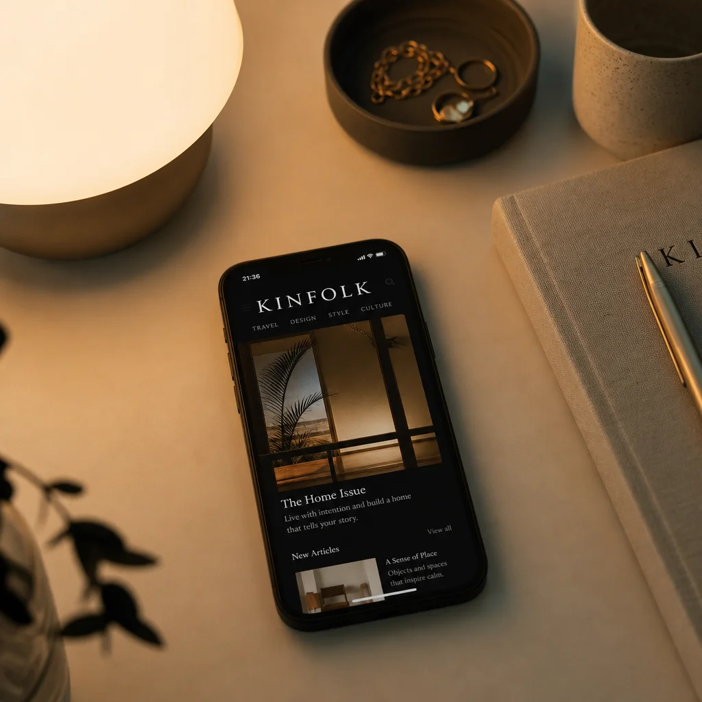 Editorial still life of smartphone on desk with warm lighting and shallow depth of field