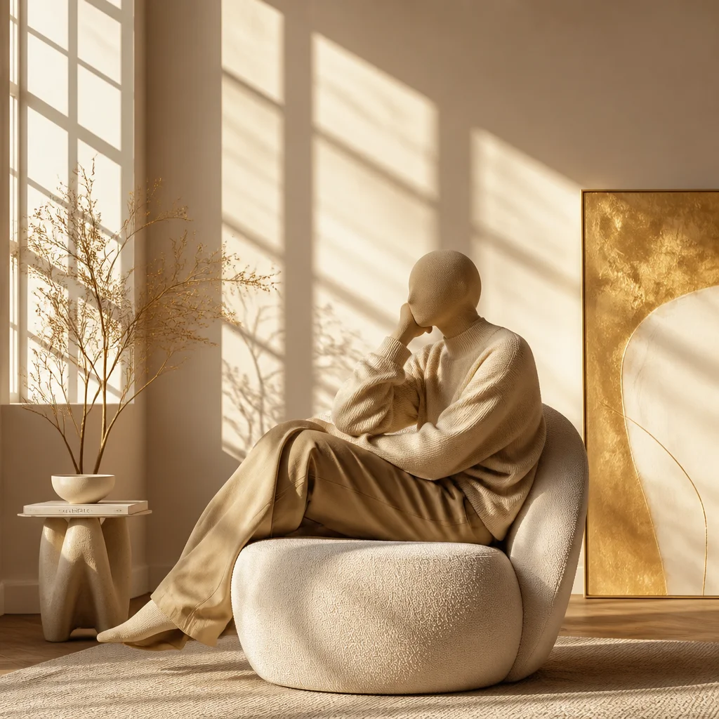 Editorial photography of abstract figure sitting peacefully in sunlit room with window light