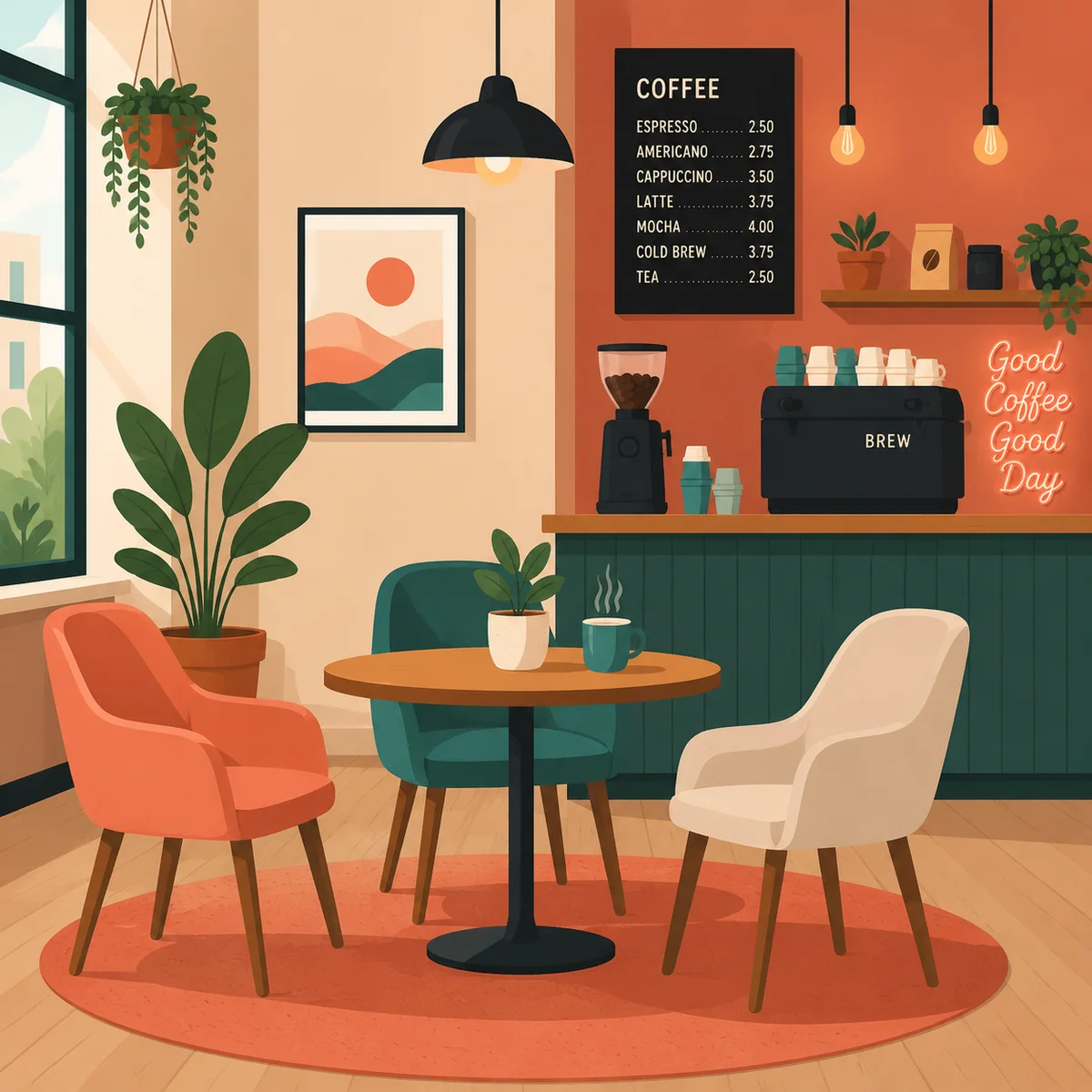 Three people at a coffee shop table in flat vector illustration style