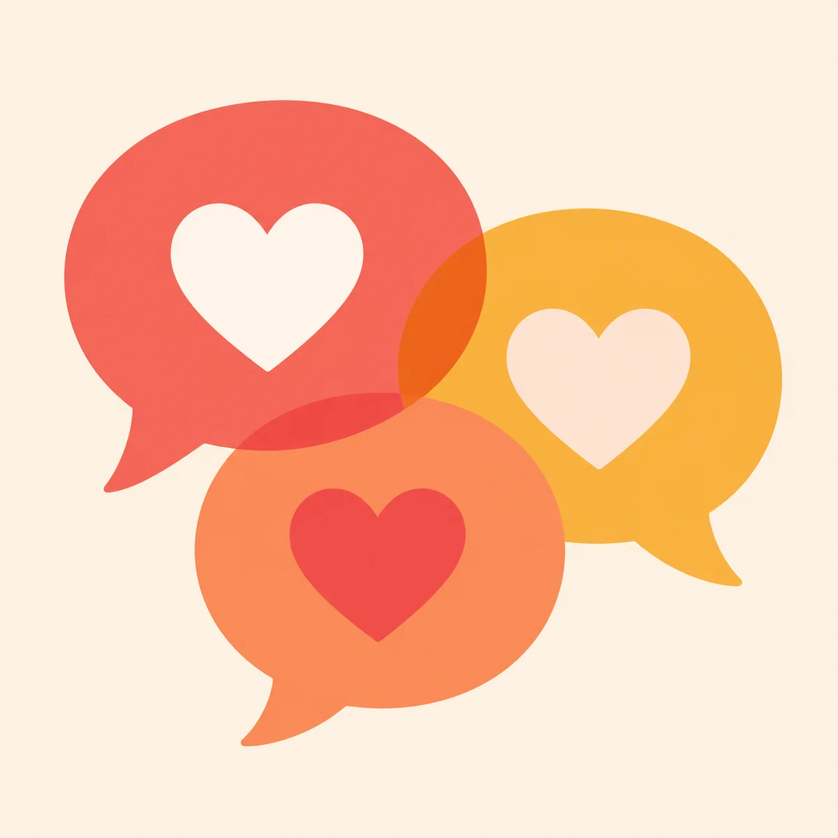 Three overlapping speech bubbles with hearts representing communication, flat vector