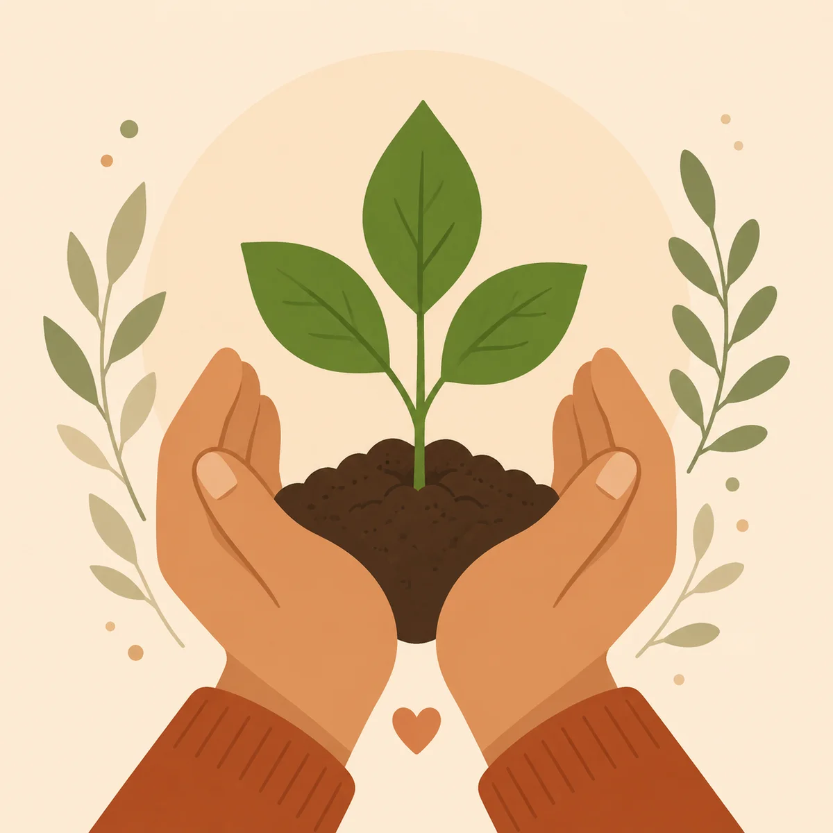 Hands nurturing a plant with three leaves symbolizing new connection, flat vector