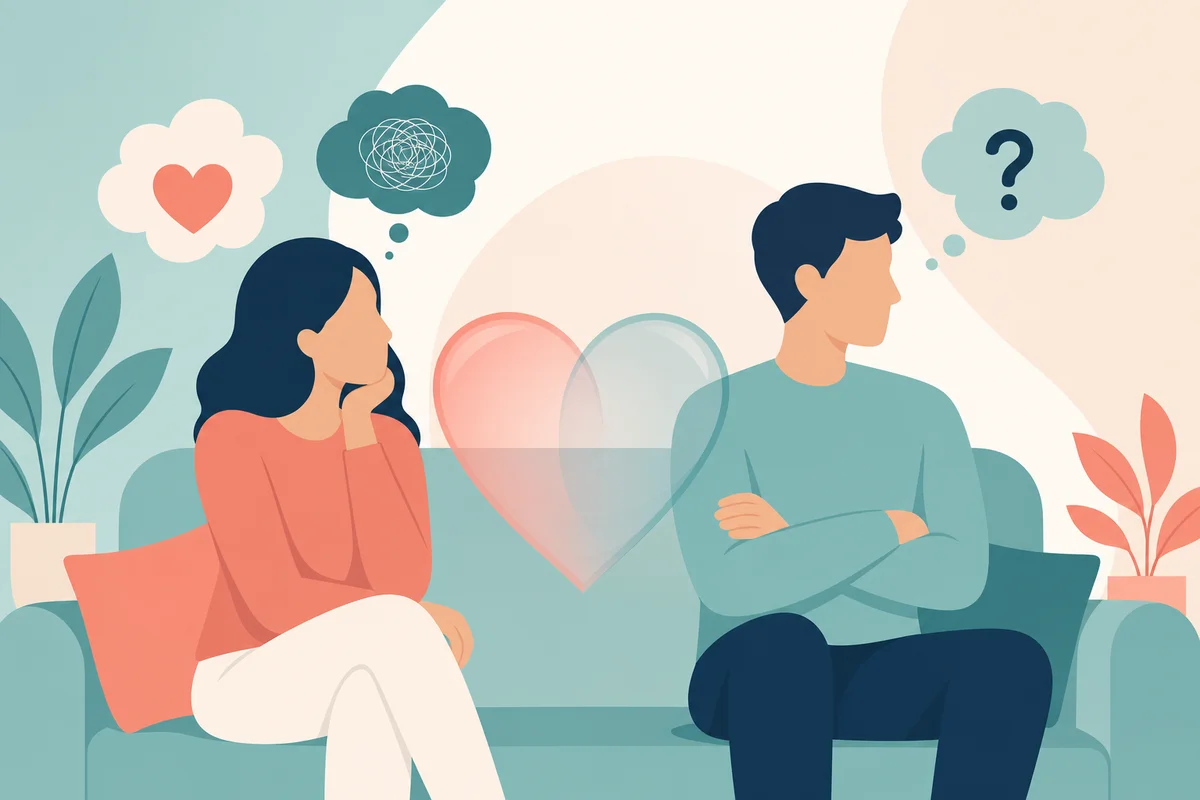 Flat vector illustration of a couple sitting together with a transparent heart, soft teal and coral tones