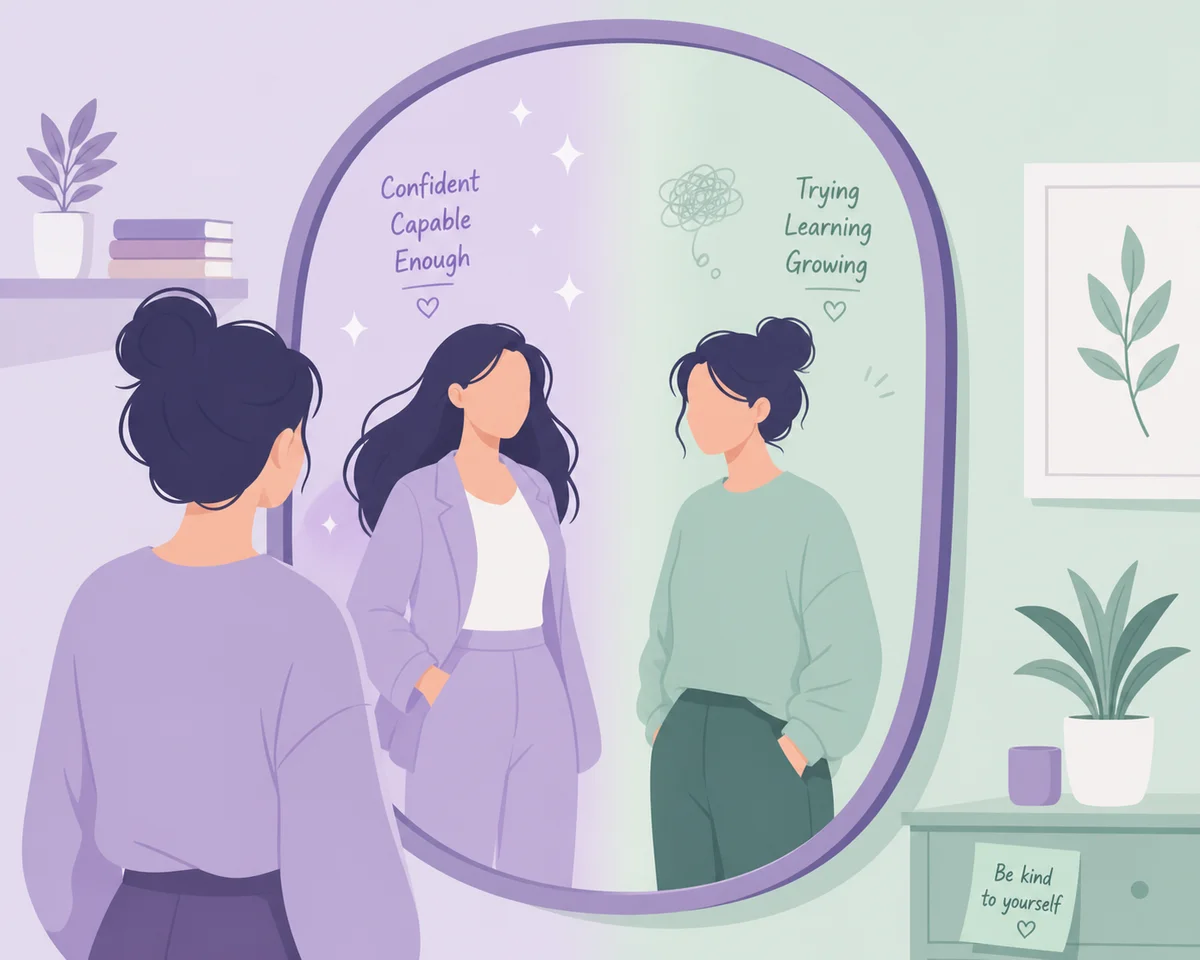 Two people sitting across a table with a checklist and conversation bubbles, warm peach flat vector